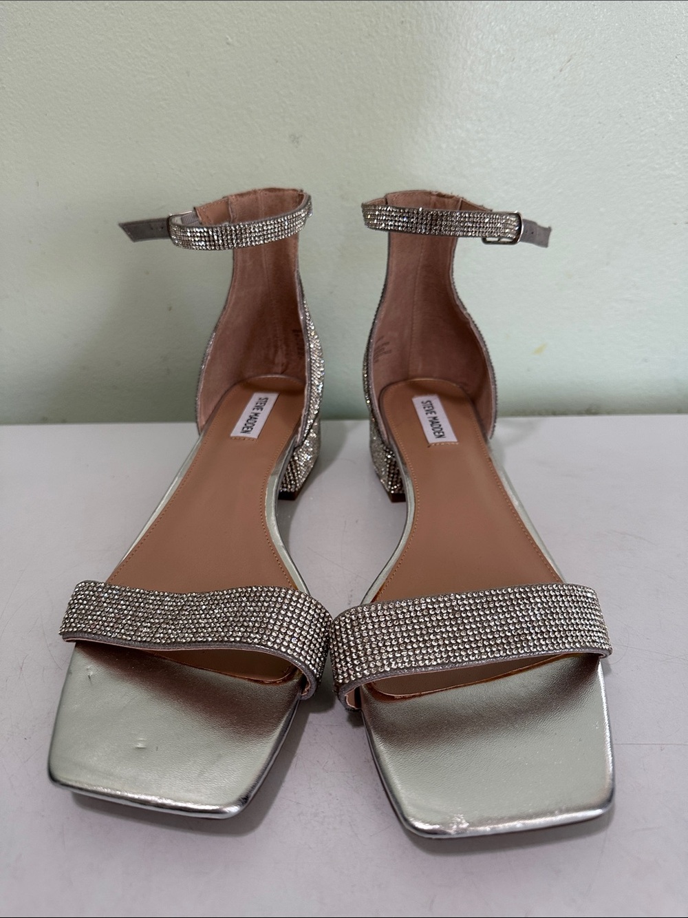 Steve Madden Silver Crystal Ankle-Strap Block Heels - Picture 2 of 5